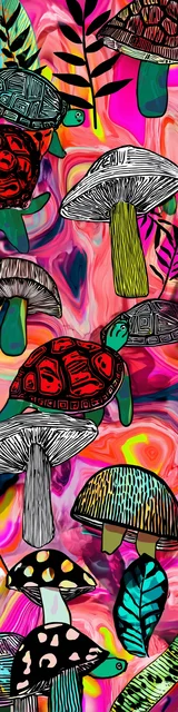 Free turtle bookmark featuring bright neon mushroom art